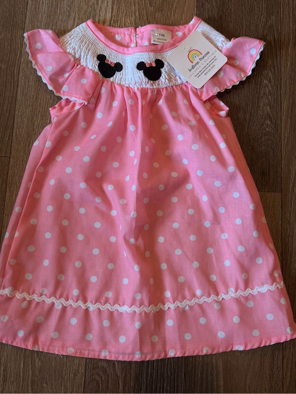 Boutique Smocked NWT Pink Polka Dot Minnie Dress with Black Embroidery